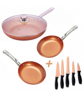 TELETIENDA ONLINE - Copper Pan Set de 3 Sartenes de Cobre + Set 5 Cuchillos