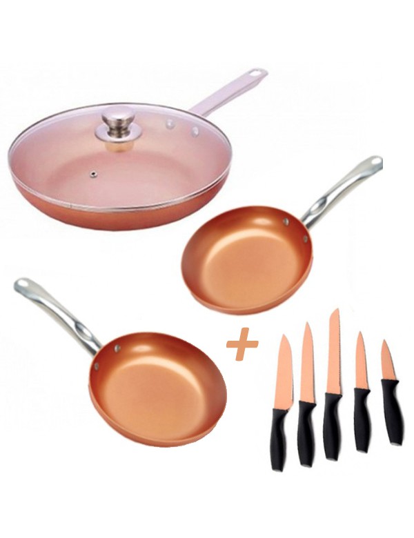 TELETIENDA ONLINE - Copper Pan Set de 3 Sartenes de Cobre + Set 5 Cuchillos